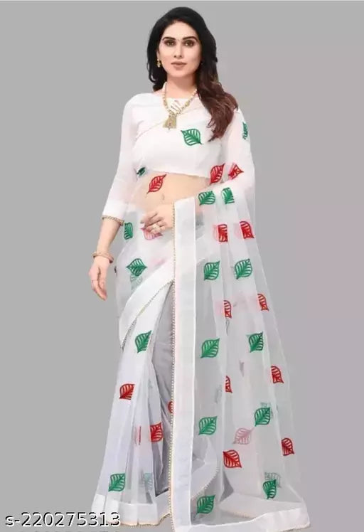 New Trending Fancy Net Saree Keri Design White