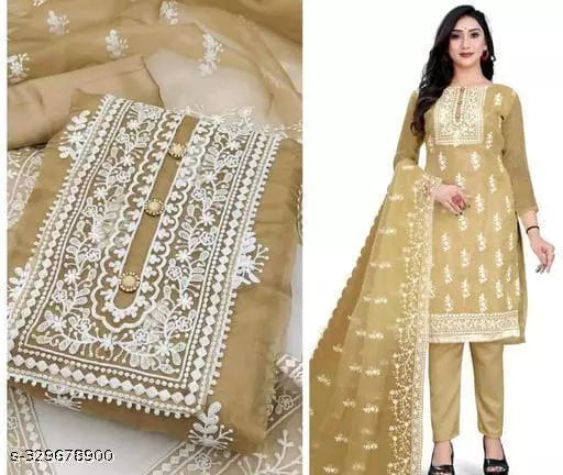 Women's Designer Chainstich Embroidered Multiwork Double Sequence Brown Floral Embroidered Organza Suits & Dress Materials