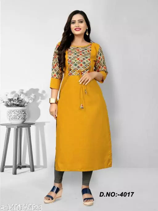 Women Cotton Blend Straight Printed Mustard Kurti