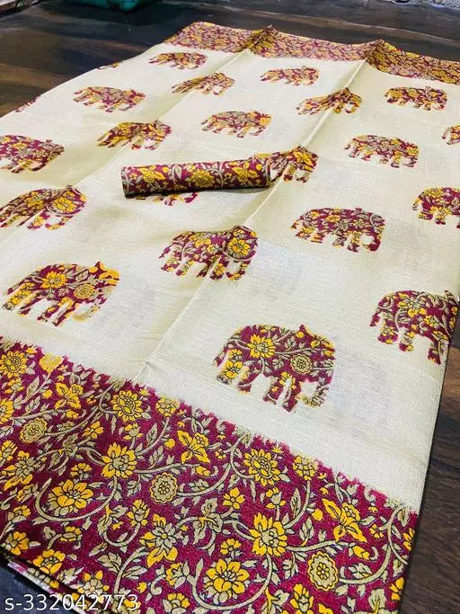 ELEPHANT PRINTED KHADI SILK BLENDED LIGHT WEIGHT COMFERTABLE WEAR SAREE WITH BLOUSE