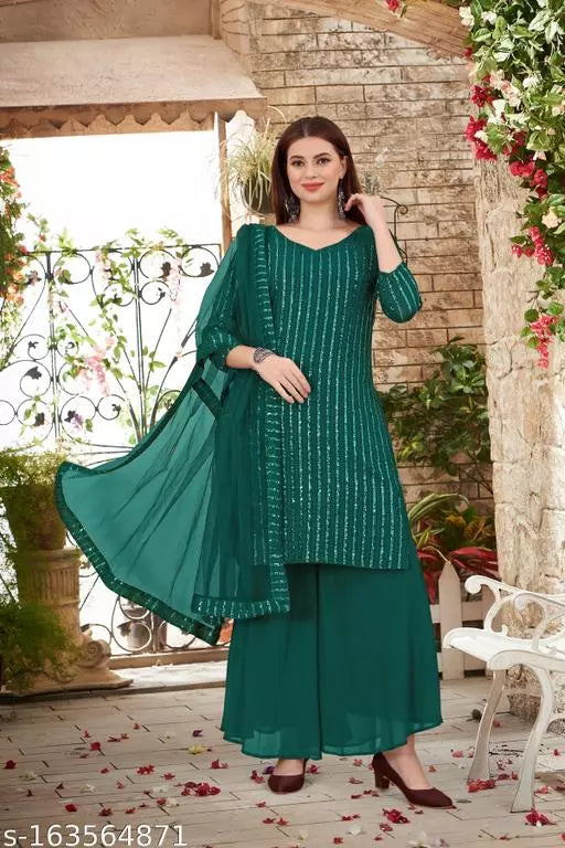 Women's Faux Georgette Sequence Embroidery Work Unstitched Top With Full Stitched Sharara and dupatta