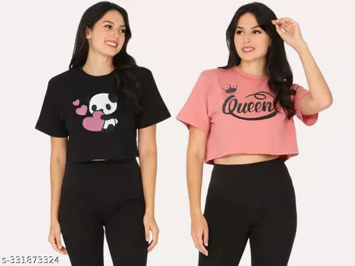 Trendy Feminine Printed Crop Tshirt Round Neck Top For Womens(Pack Of 2)