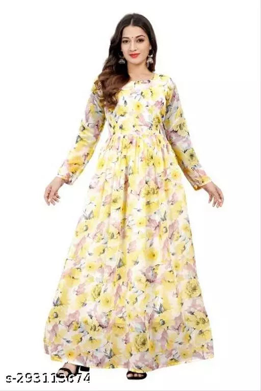 QVAZOR Stylish Fancy Trendy Printed Georgette Gown For Women For Party Wedding Festival Functions