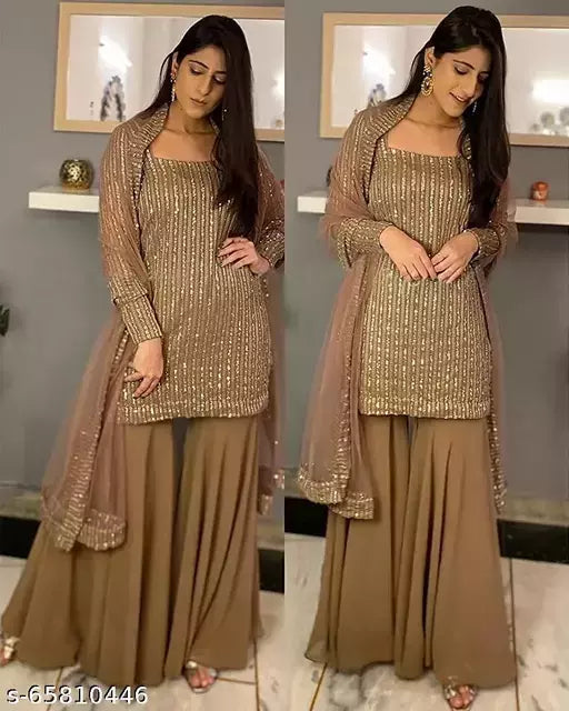Women's Brown Stripe Embroidered Georgette Suits & Dress Materials