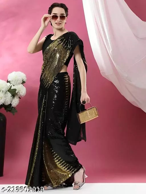 NEW LAUNCHING SUPER HIT YELLOW DESIGNER SEQUANCE Georgette  SAREES BY KRADDLE