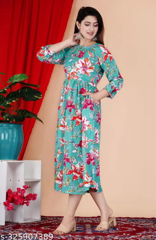 Shree Ganesh fashion's Rayon Anarkali Printed Rama Green  Kurti for women