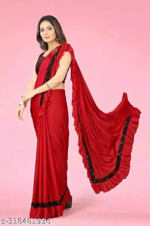 Ready To Wear Lycra Freel Fancy Party Wear Sarees Red Colour Sarees with sequance blouse BY Kraddle