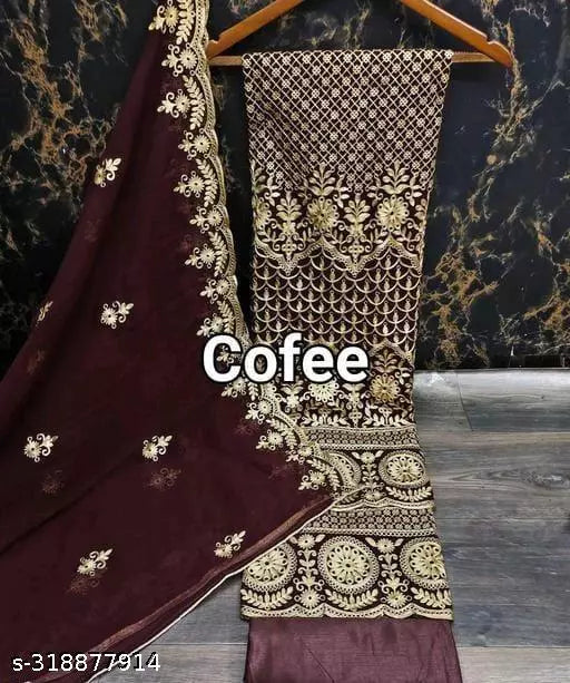 Women's Brown Floral Patiala Full Suits Embroidered Sequence Work Georgette Designer Salwar Suit & Dress Materials