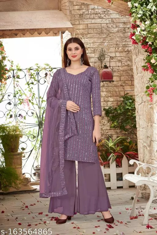 Women's Faux Georgette Sequence Embroidery Work Unstitched Top With Full Stitched Sharara and dupatta