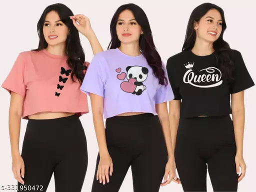 Trendy Feminine Printed Crop Top Round Neck Top For Womens (Pack Of 3