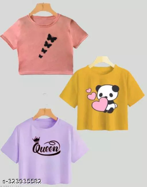 Trendy Feminine Printed Crop Tshirt Round Neck Top For Womens (Combo3)
