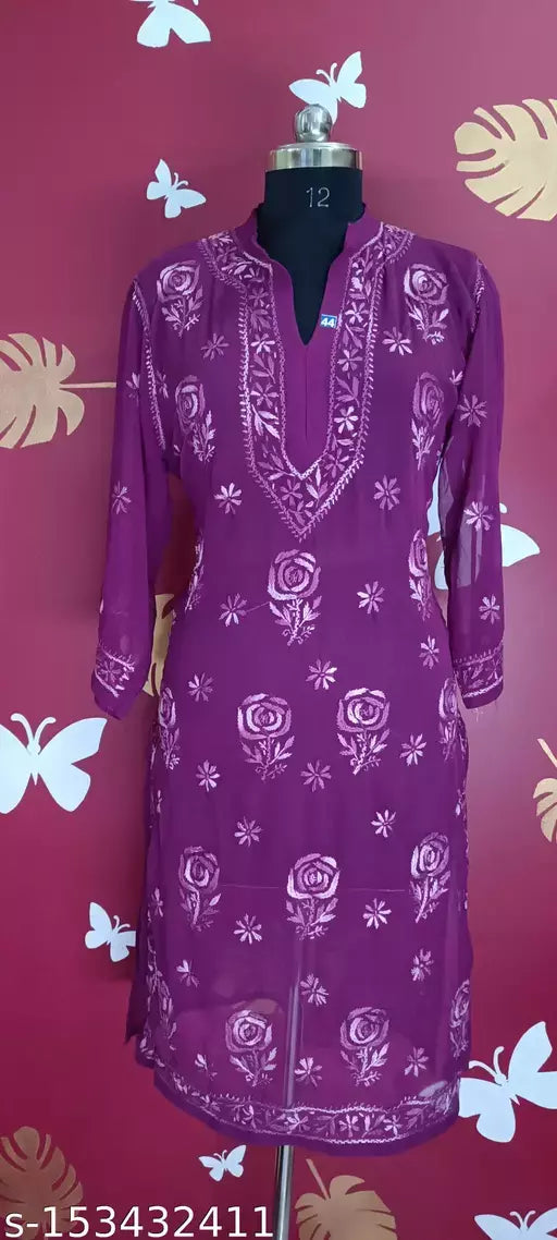 Handwork Embroidered Chikankari Georgette Rose Kurti .