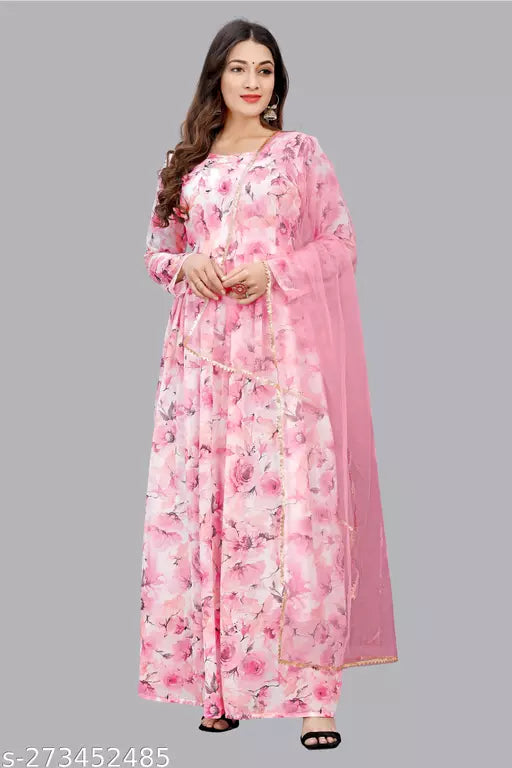 QVAZOR Stylish Fancy Trendy Printed Georgette Gown For Women For Party Wedding Festival Functions