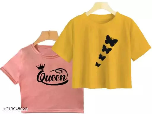 Trendy Feminine Printed Crop Tshirt Round Neck Top For Womens (Combo2)