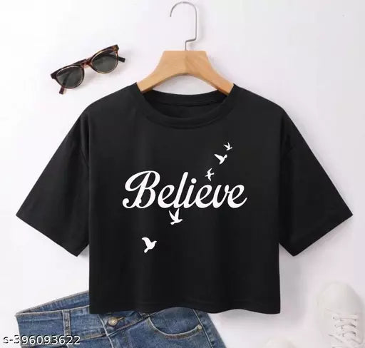 Trendy Feminine Printed Crop Tshirt Round Neck Top For Womens