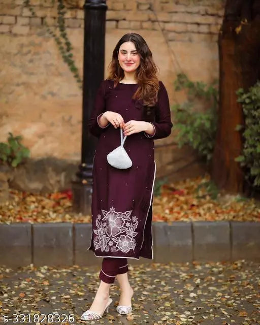 Anni Designer Women's Wine Rayon Blend Ethnic Motifs Embroidered Kurta with Trouser