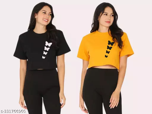 Trendy Feminine Printed Crop Tshirt Round Neck Top For Womens(Pack Of 2)