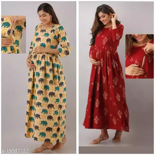 Mialo Biege and maroon maternity kurta with feeding zip.