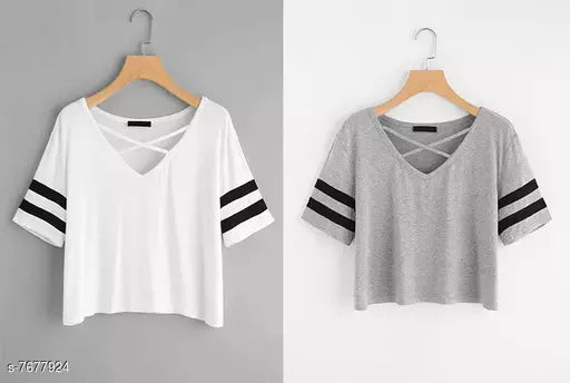Vivient Women White And Grey Cross Neck Hosery Top Combo