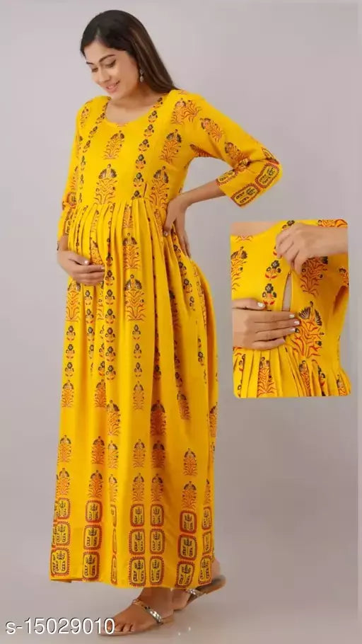 Women Rayon Maternity Printed Yellow Kurti