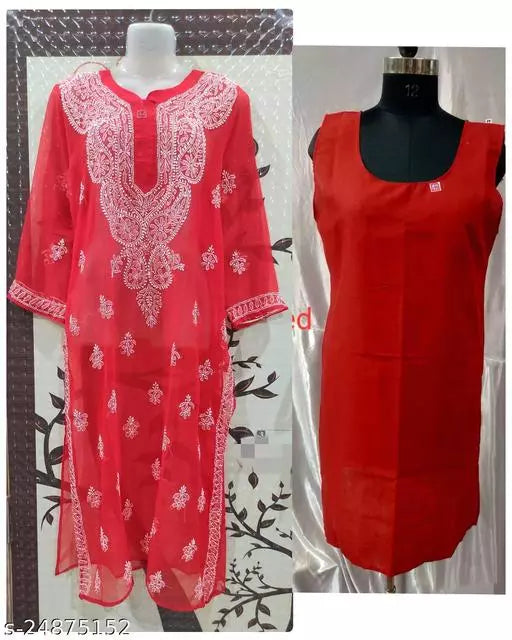 Handwork Embroidered Chikankari Chiffon Galabooti Long kurti.