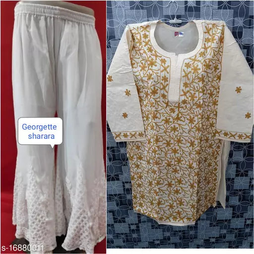 Women's Chikankari Embroidered Aari Work Cotton Kurta Set with Sharara.