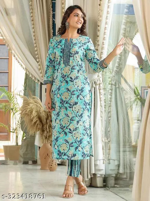 Anni Designer Women's Navy Blue Ethnic Motifs Printed Kurta with Trouser