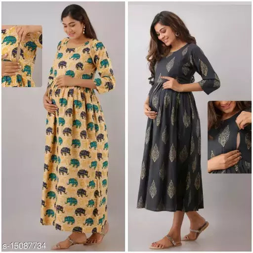 Mialo Biege and grey maternity kurta with feeding zip.