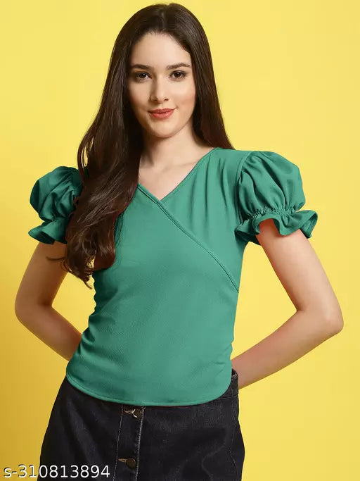 Women Mint Green Solid Puff Sleeve Wrap Top (Women Top | Women Tops | Top)