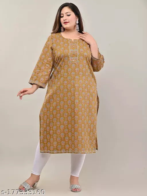 Swasti Women Plus Size Printed  Floral Print Pure Cotton Straight Kurta (Yellow)