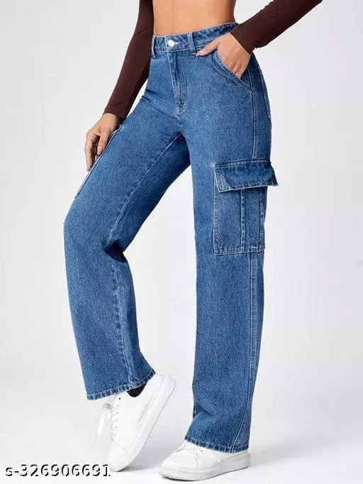 WOMEN LATEST CARGO TROUSERS | SOLID HIGH-RISE CARGO JEANS | 6 POCKET WIDE LEG DENIMS | 80'S ROCKER-CHIC INSPIRED CARGO PANTS | SIT ABOVE | NON-STRETCH FIT WITH A WIDE LEG | SPORTY LOOK LOOSE FIT DENIMS