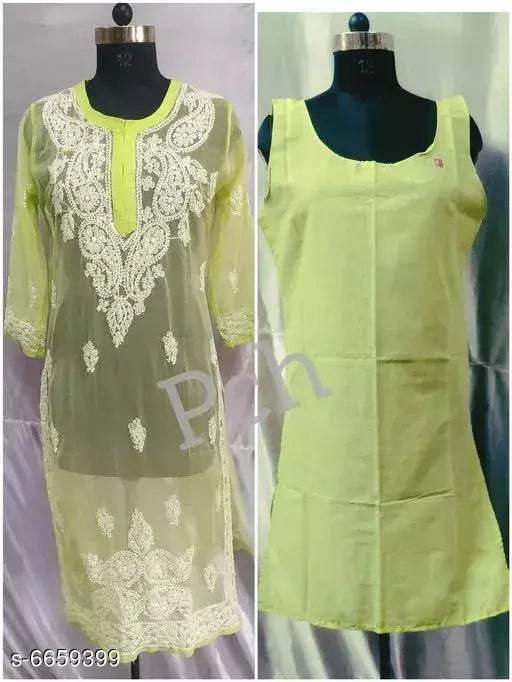 Handwork Embroidere Chikankari Chiffon 5Boota kurti With inner.