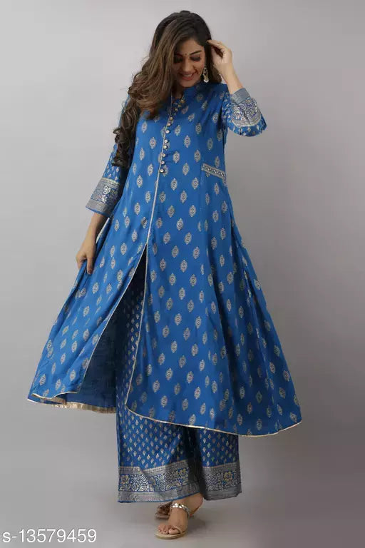 Women Rayon High-Low Printed Long Kurti With Palazzos