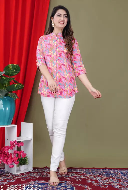 Womens fashion Floral Printed attractive Navy Blue Red flower Rayon Top top shirt style top for women with three quarter sleeves western top for women and girls Cotton/Rayon top  Top  Top for summer for women  top on jeans  top n tunic