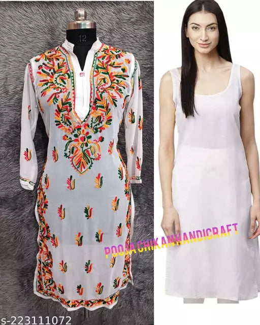 Woman s Chikankari Embroidered Aari Work Georgette Long  Kurti.