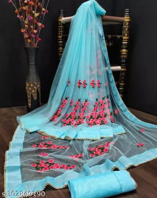Net sarees with beautifull Embroidered work and unstiched Blouse pieces with all over border fancy moti work aqua dark Colours