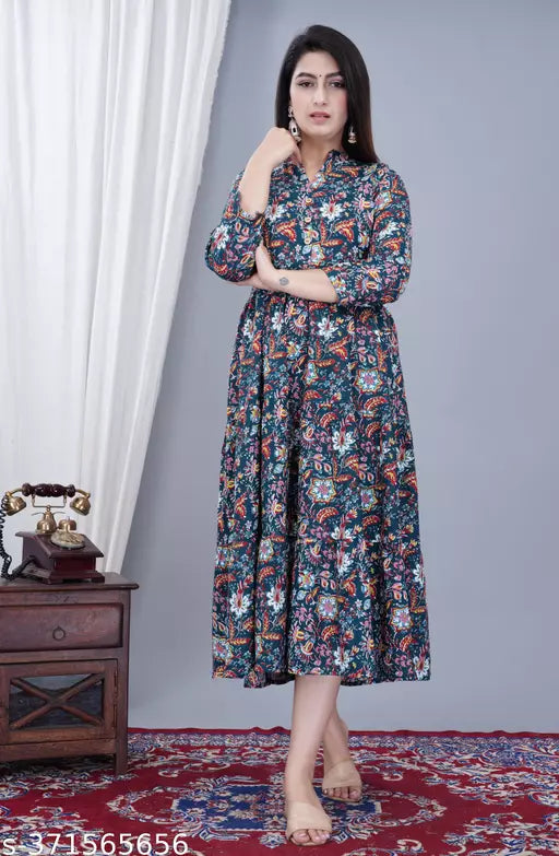Women Printed Viscose Rayon Anarkali Kurta Dgreen