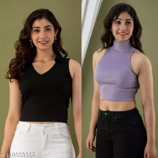 Mialo combo of 2 knitted ribbed sleeveless tops & Tunics