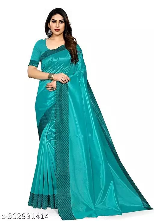 Women's New Daily Wear Cotton Poly Silk Skyblue colour Saree With Blouse Piece by Kraddle