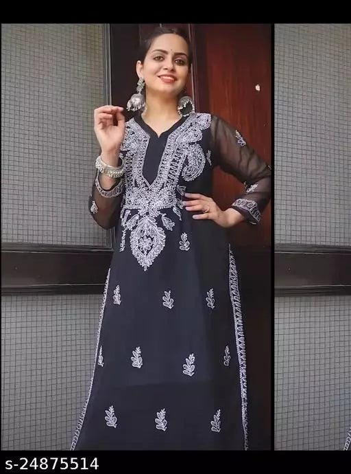 Handwork Embroidered Chikankari Chiffon Long Black kurti with inner.