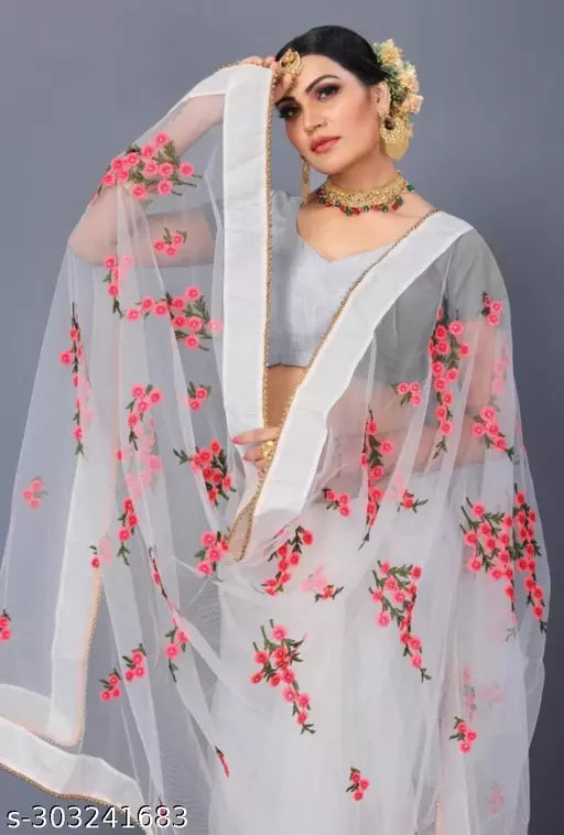 Bollywood Celebrity inspired Explore net saree With beautifull Embroidered all over moti work White colours