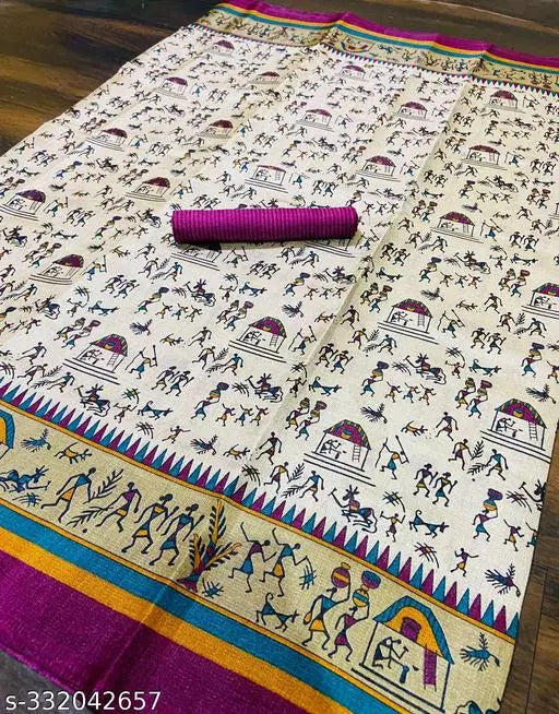 WARLI PRINTED KHADI SILK BLENDED LIGHT WEIGHT COMFERTABLE WEAR DESIGNER SAREE WITH BLOUSE