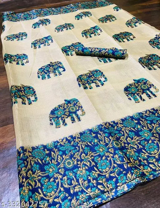 ELEPHANT PRINTED KHADI SILK BLENDED LIGHT WEIGHT COMFERTABLE WEAR SAREE WITH BLOUSE
