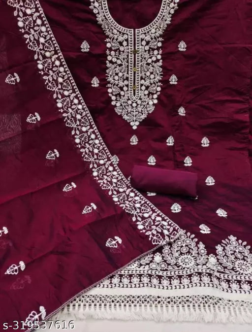 Women's Heavy Cotton Embroidery Work Unstitched Salwar Suit Dress Material With Chanderi Work Dupatta