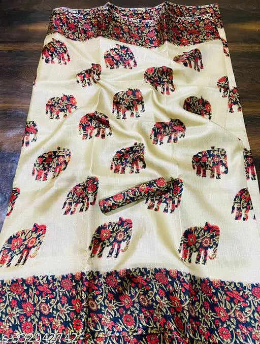 ELEPHANT PRINTED KHADI SILK BLENDED LIGHT WEIGHT COMFERTABLE WEAR SAREE WITH BLOUSE