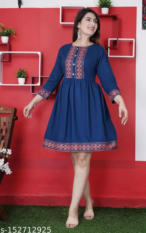 Stylish Rayon Printed Teal  women Dresses