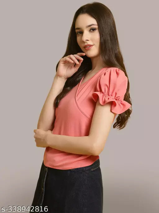 Women Pink Solid Puff Sleeve Wrap Top (Women Top | Women Tops | Top)