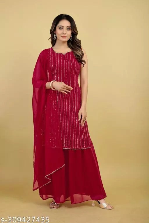 Women Faux Georgette With Embrodery Seqance Work Kurta With Sharara And Dupatta Stiched