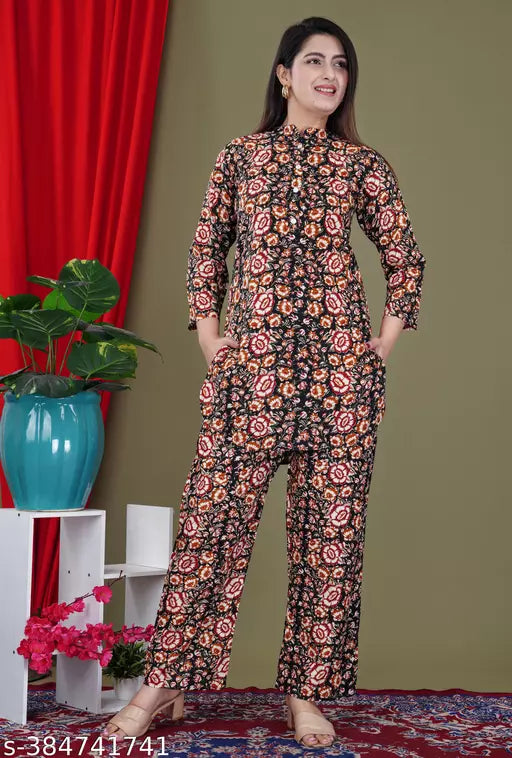 FebQ Womens Designer Print Co-Ord Set Relaxed Fit for Women- Two Piece Co Ord Set Top & Pant 