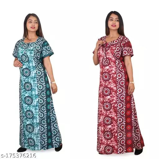 Woman Cotton Nightdress Combo Pack Of 2 Rama Green  Mehroon